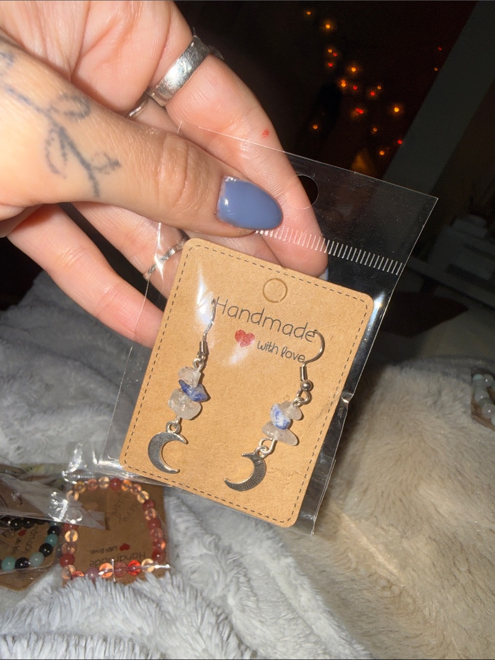 natural clear crystal quartz and sodalite earrings/ moon charm hypoallergenic